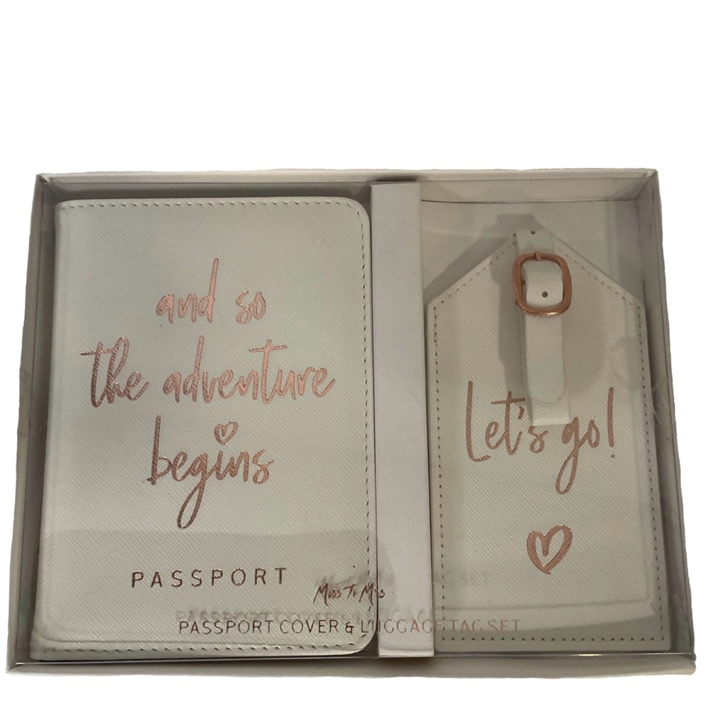 Miss to Mrs Passport & Luggage Tag Set White Vegan Leather Rose Gold Lettering